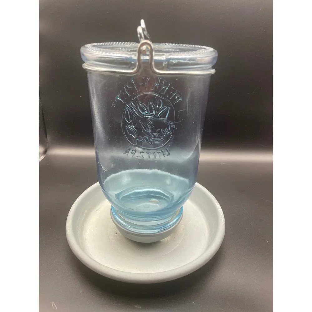 Perky-Pet Blue Glass Bird Waterer Hanging Feeder Galvanized Metal Base Lititz PA